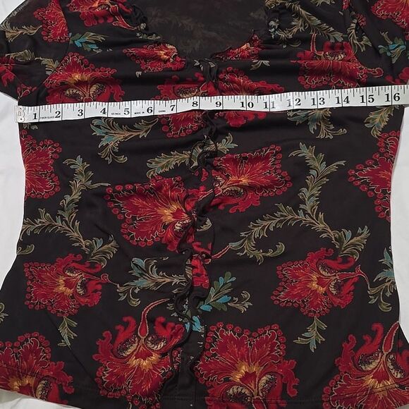 VTG Express Y2K Sheer Stretch Mesh Top Size M Black Re Floral Lettuce Trim Goth - Picture 6 of 9